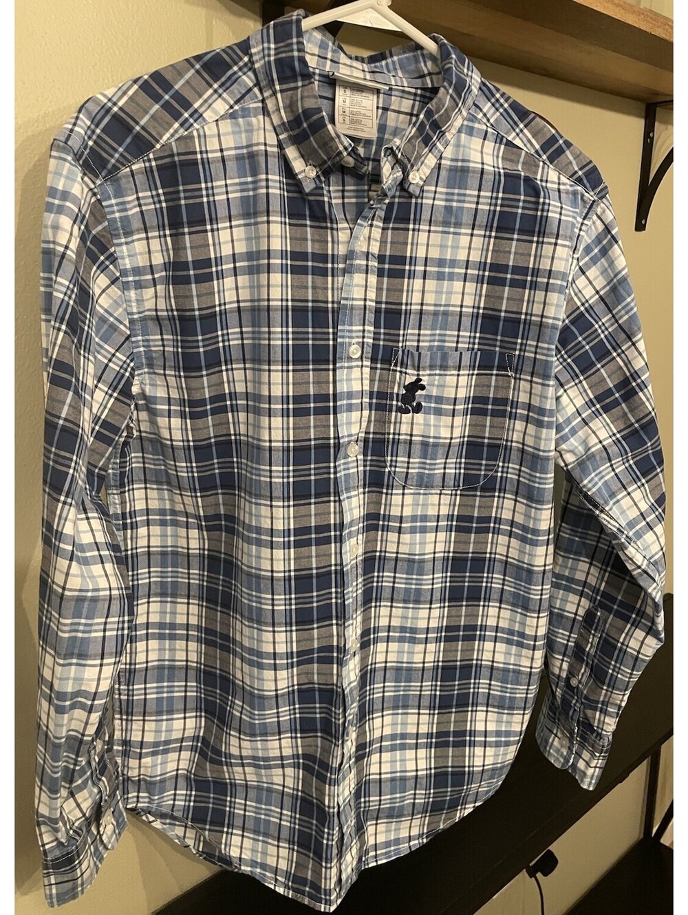 Disney Parks Men's Blue Plaid Mickey Mouse Long Sleeve Button Up Shirt Size S